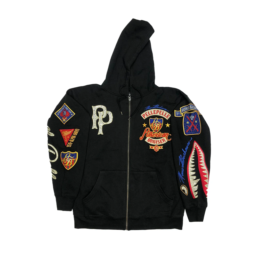 Black zip hoodie with embroidery and patch detailing