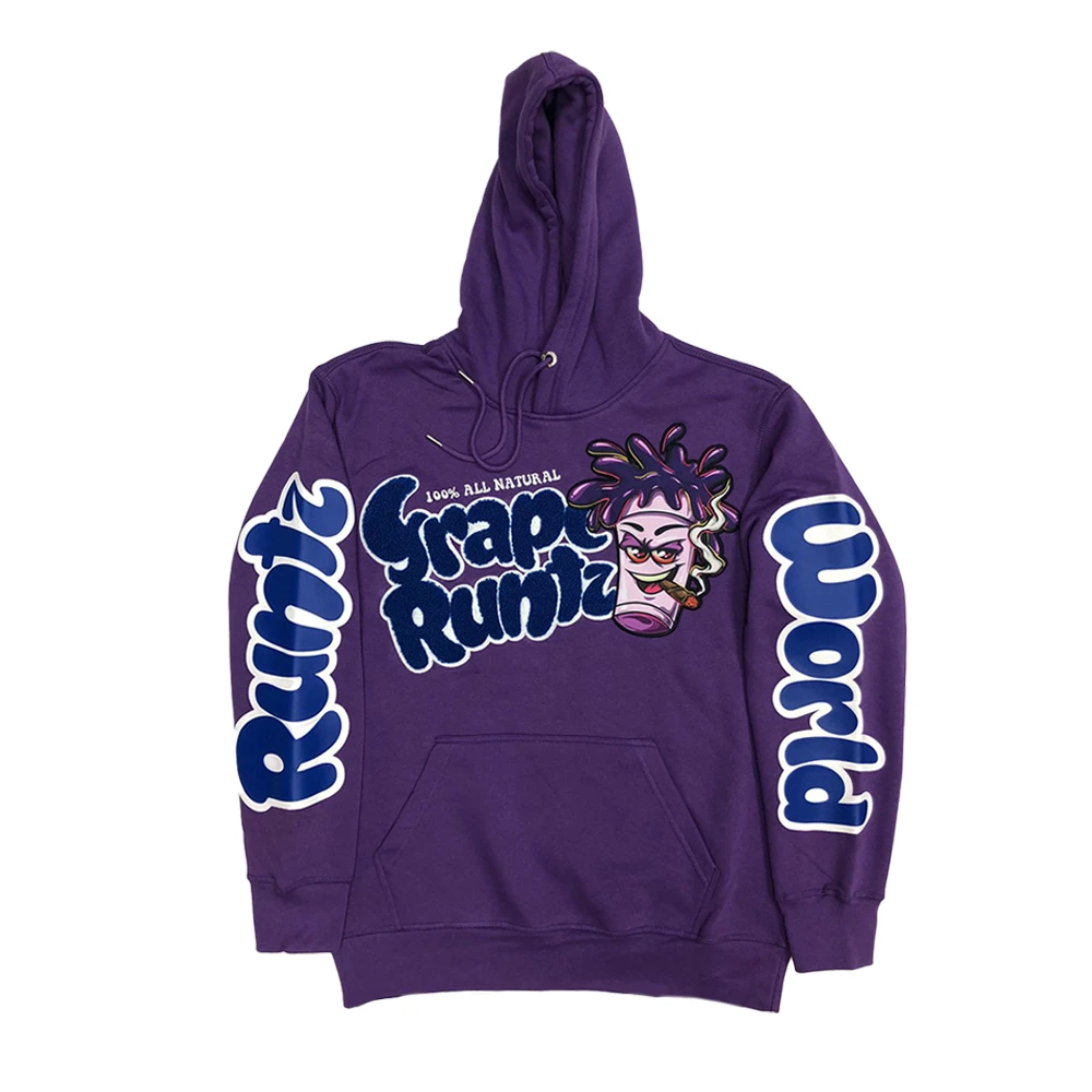 Purple hoodie with prominent front and sleeve graphics