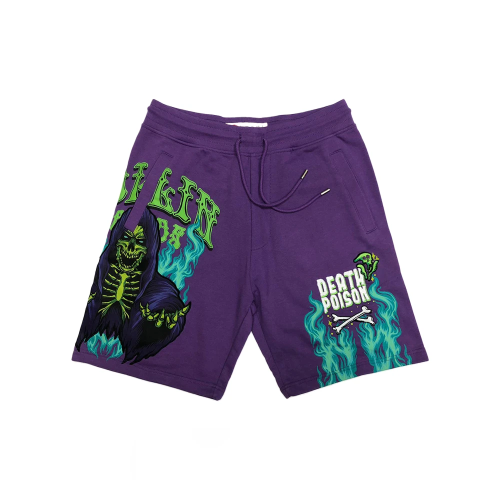 Purple shorts with contrasting green and black graphic details
