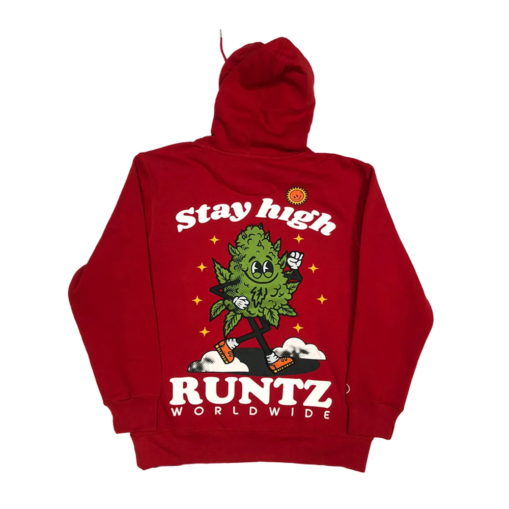 Red pullover hoodie with a colourful printed character graphic